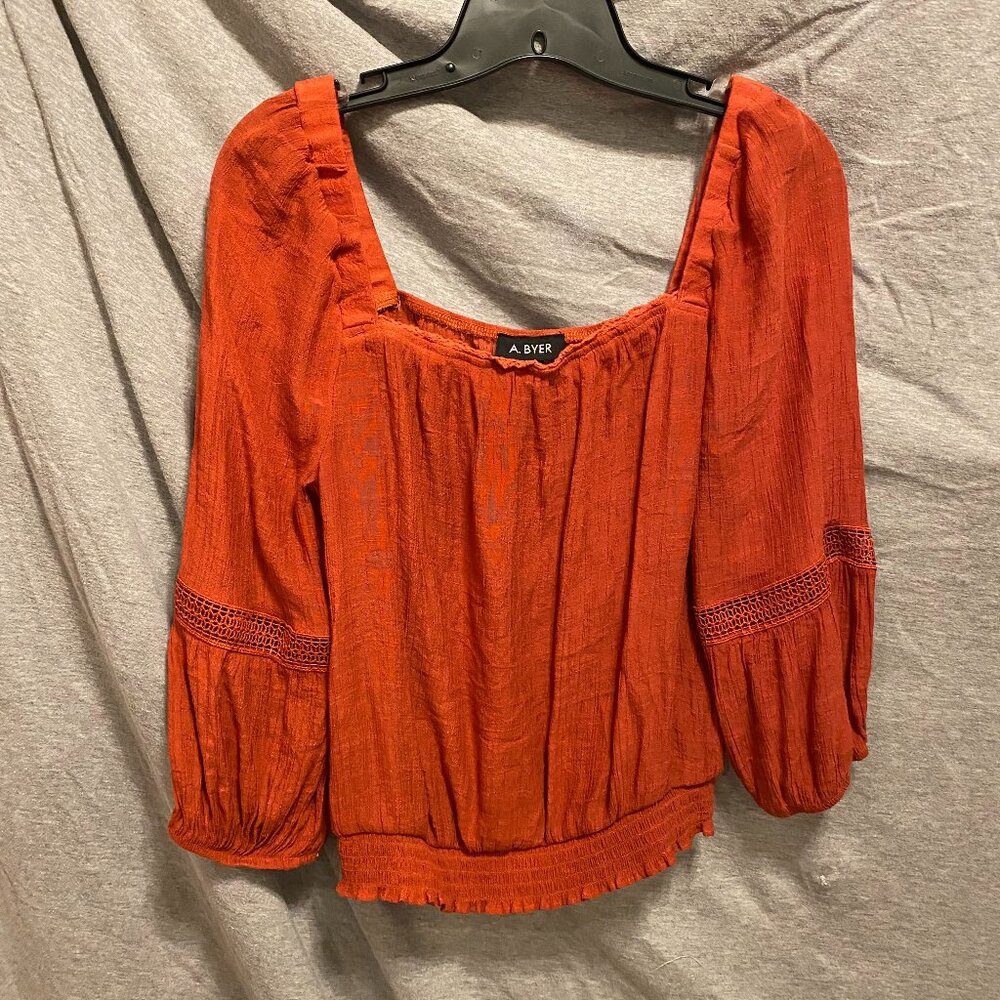 A. Byer Blouse Orange wide sleeves Polyester Stretch Size Large Embroidery